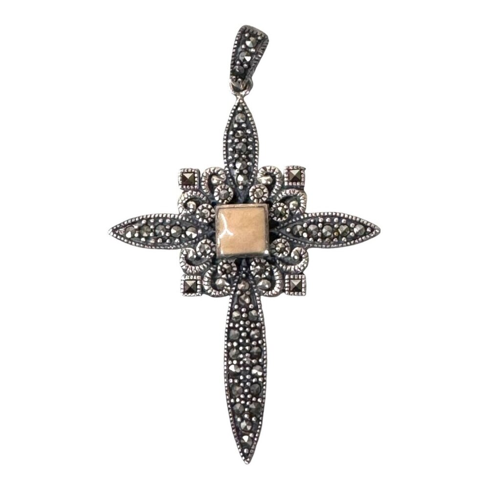Sterling Silver NF 925 Cross Pendant Large Marcasite Rose Quartz Inlay Art Deco